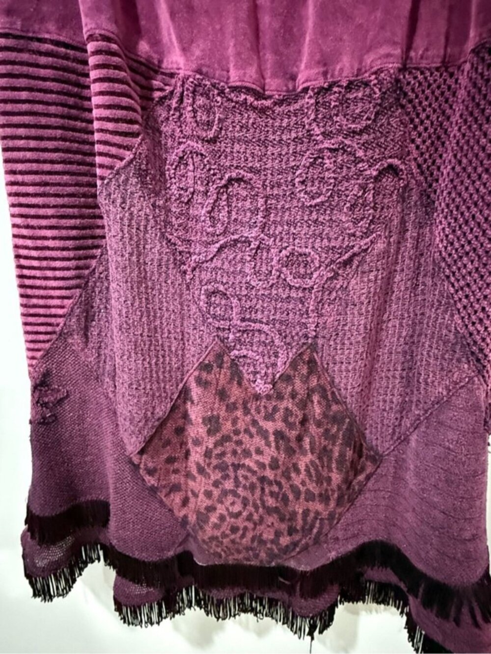 Boho Patchwork Fringe Midi Skirt Purple Lined Elastic Waist EST. Women’s M/L - Picture 7 of 9